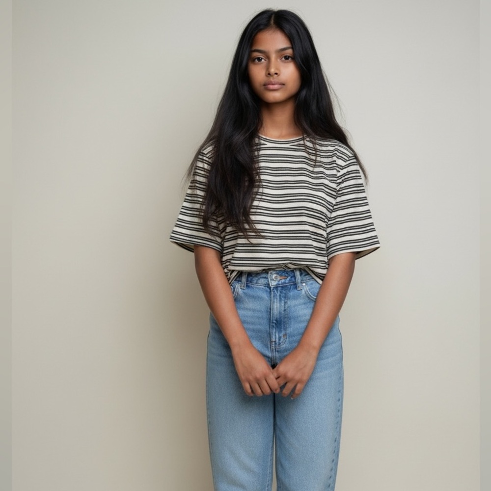 Hasting & Smith Striped Black, Brown, Tan and White Short Sleeve Top,Petite